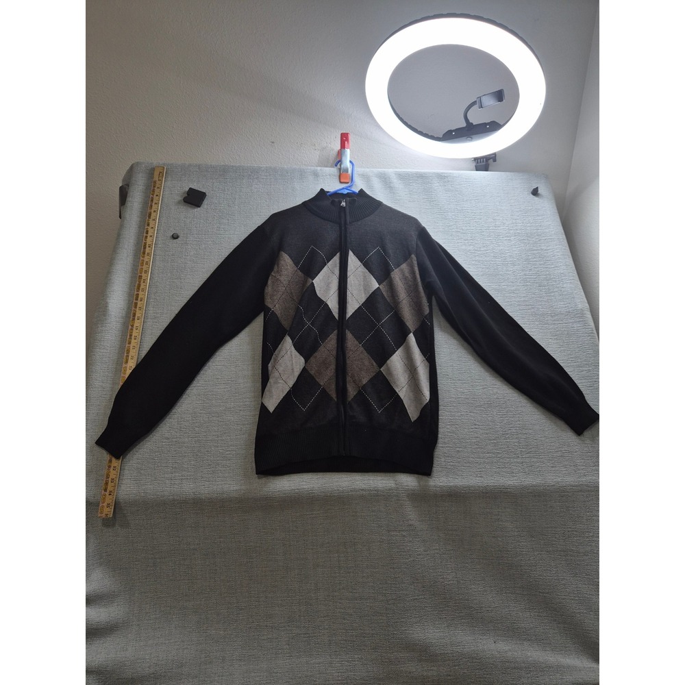 Store 68 Cardigan Sweater Mens Medium Black Tight Knit Argyle Diamond Full Zip